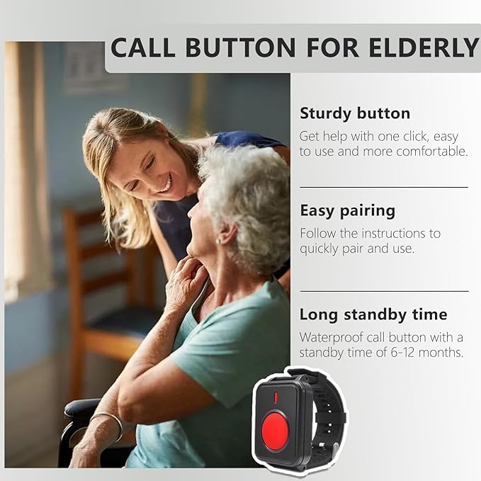 Wireless Caregiver Call Button Watch for Elderly at Home | Waterproof Wrist Wear Alert Button for Seniors | Long Range Emergency Wrist Alarm with Loud Sound for Family Nurse
