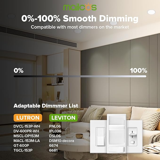 MAILCOS 6 Pack 6 Inch 5CCT Ultra-Thin LED Recessed Ceiling Light with Junction Box, 2700K-5000K Selectable, 1050LM High Brightness, Dimmable Canless Wafer Downlight, 12W 120V, ETL