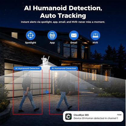 Camcamp Home Security Camera System Wireless Outdoor, 4 Dual Lens Cameras | PTZ auto tracking,10CH NVR,500GB HDD,24/7 recording,no monthly fee,color night vision,2-way audio,IP66 weatherproof
