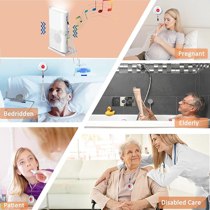 Wireless Caregiver Call Button, Rechargeable Caregiver Pager for Elderly, Call Bell for Elderly at Home,Medical Life Alert Systems for Seniors with Portable Receiver / Emergency Button with Pull Rope