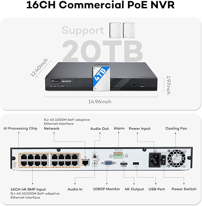 ONWOTE 12MP 16 Channel PoE NVR (Built-in 16 PoE Ports), 4TB HDD Included, Smart AcuSearch, Only Work with ONWOTE PoE IP Cameras, 16CH 6K 4K 8MP NVR Security Video Audio Recorder, 2 SATA Support 20TB