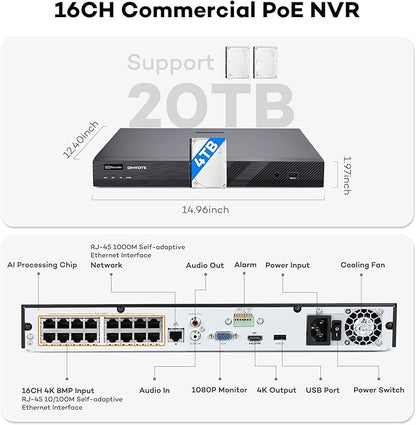 ONWOTE 12MP 16 Channel PoE NVR (Built-in 16 PoE Ports), 4TB HDD Included, Smart AcuSearch, Only Work with ONWOTE PoE IP Cameras, 16CH 6K 4K 8MP NVR Security Video Audio Recorder, 2 SATA Support 20TB