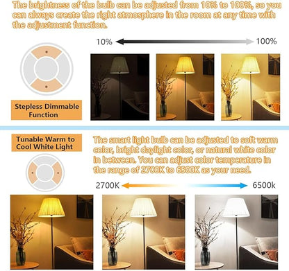 E12 Smart LED Light Bulbs with 2.4GHz Remote Control, Dimmable 7W E12 Candelabra Base LED Bulb Equivalent 75W Bulb, Stepless Dimming & Color Changing Bulbs 2700K~6500K, Pack of 4