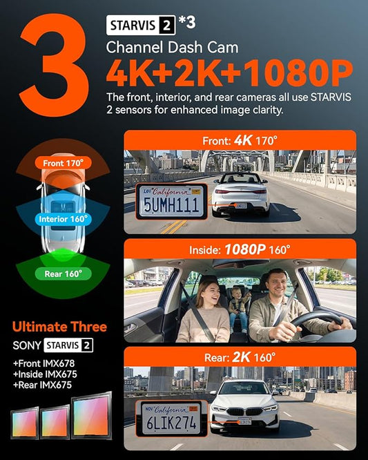 IIWEY 4K Dash Cam 3 Channel, Triple STARVIS 2 Sensors (IMX678 Front, IMX675 Cabin & Rear), 4K+2K+1080P HDR, Night Vision 3.0, PlateTag AI for Plate Clarity, 5GHz WiFi, GPS, Parking Mode, 128GB Card In