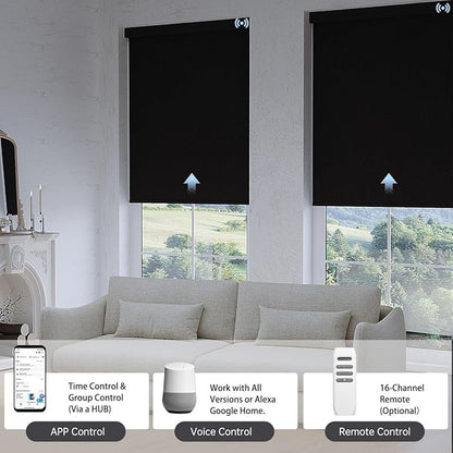 Motorized Blinds with Remote, Blackout Smart Blinds for Windows Automatic Roller Shades Compatible with Alexa, Motorized Shades Customized for Bedroom Home Office (Blackout-Vinyl Black)