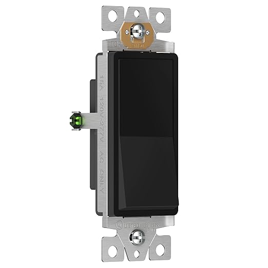 ENERLITES Decorator Paddle Rocker Light Switch, Gloss Finish, Single Pole, 3 Wire, Grounding Screw, Residential Grade, 15A 120V/277V, UL Listed, 91150-BK, Black
