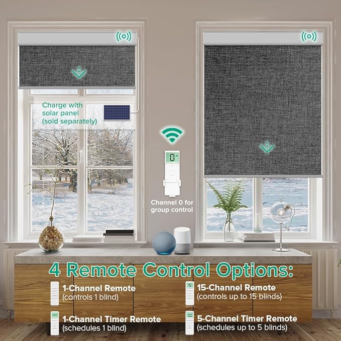 Motorized Roller Shades, 10O% Blackout Remote Control Custom Window Shades Compatible with Alexa Google Assistant via RF Hub, Rechargeable Electric Blinds for Windows (Fabric Dark Grey)