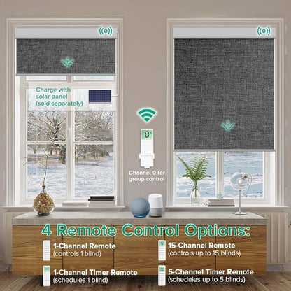 Motorized Roller Shades, 10O% Blackout Remote Control Custom Window Shades Compatible with Alexa Google Assistant via RF Hub, Rechargeable Electric Blinds for Windows (Fabric Dark Grey)