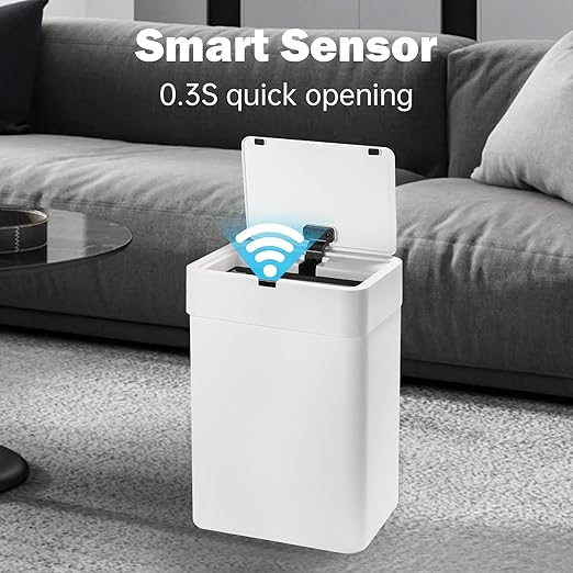 SYNCVIBE 2 Pack Bathroom Trash Can with Lid - 2.5 Gal and 4 Gal Motion Sensor Garbage Bin, Smart Rubbish Bin, Waterproof Slim Dustbin, Automatic Plastic Trash Can for Bathroom, Office, White