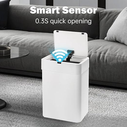SYNCVIBE 2 Pack Bathroom Trash Can with Lid - 2.5 Gal and 4 Gal Motion Sensor Garbage Bin, Smart Rubbish Bin, Waterproof Slim Dustbin, Automatic Plastic Trash Can for Bathroom, Office, White