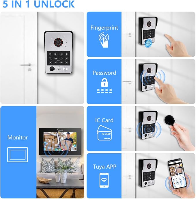 ANJIELO SMART Wired Video Door Phone Apartment Intercom System,7 Inch Touch Monitor with 1080P HD Camera Doorbell,Supporting Fingerprint,RFID Card,Password Unlocking for Home Villa,Tuya