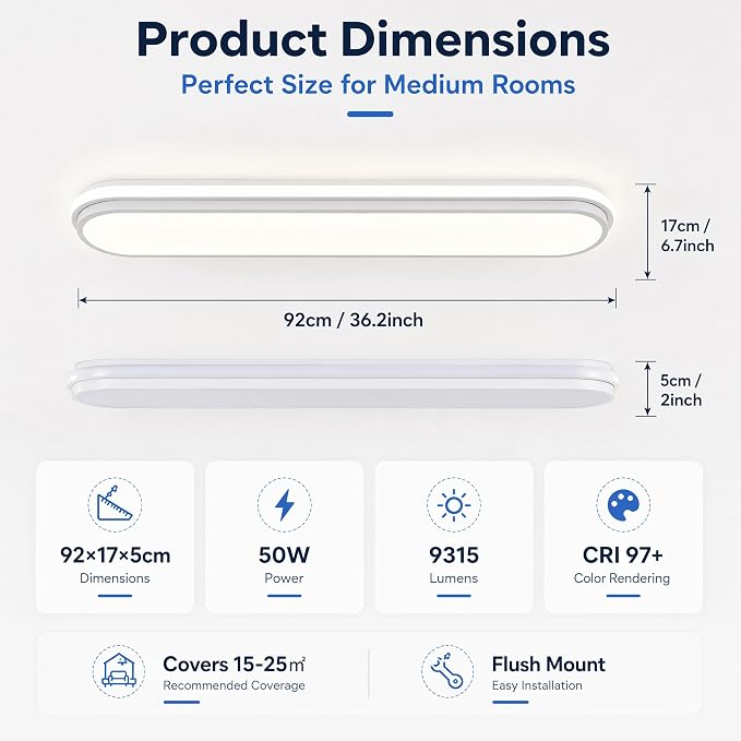 Modern LED Ceiling Lighting with Remote,3Ft Smart LED Ceiling Lamp,50W High Brightness Linear Flush Mount Light Fixture,36.2" Dimmable Led Ceiling Light for Kitchen,Garage,Hallway