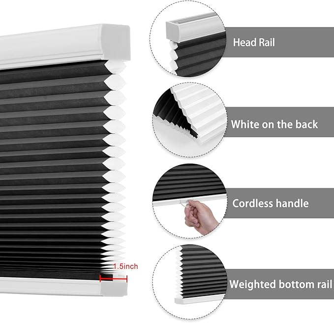Changshade Custom Cordless Cellular Window Blinds, Light Filtering Pleated Honeycomb Shades, 1.5 inch Single Cell Cellular Shades for Home, Bedroom, Bathroom, French Door, Black, JZCMC-CEL-BK-D