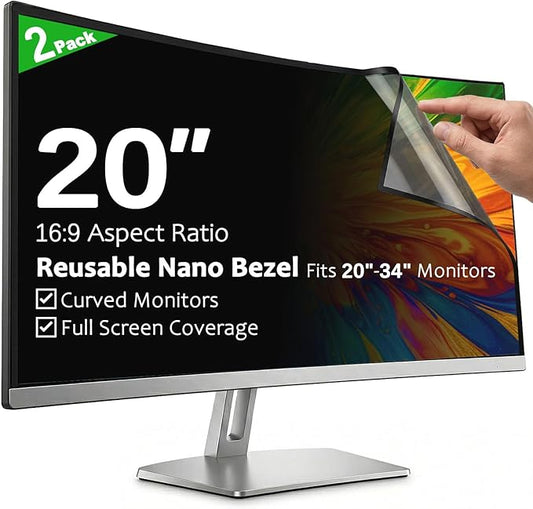 [2-Pack] 20 Inch Reusable Nano Bezel Anti-Glare Computer Privacy Screen for Monitor, 16:9 Aspect Ratio, Residue-Free Removable Anti-Spy Filter, Eye Protection Anti-Blue Light Desktop Security Shield