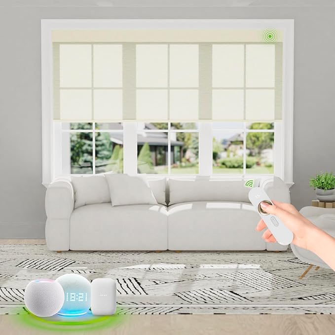 Motorized Blinds with Remote [Light Filtering] Smart Blinds Compatible with Alexa Google HomeKit, 70% Blackout Automatic Roller Shades for Indoor Windows, Customized Size, Linear Solar