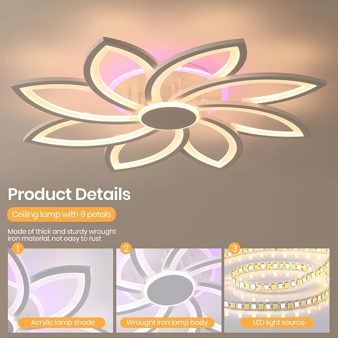 LED Ceiling Light Fixture,70W 8-Petal Flush Mount Ceiling Light | Dimmable LED Ceiling Light with Remote, 3000K-6000K, 4200LM RGB Ambient Backlight, Modern Fixture for Bedroom Living Room