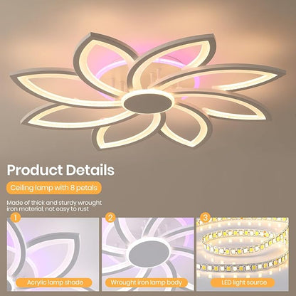 LED Ceiling Light Fixture,70W 8-Petal Flush Mount Ceiling Light | Dimmable LED Ceiling Light with Remote, 3000K-6000K, 4200LM RGB Ambient Backlight, Modern Fixture for Bedroom Living Room