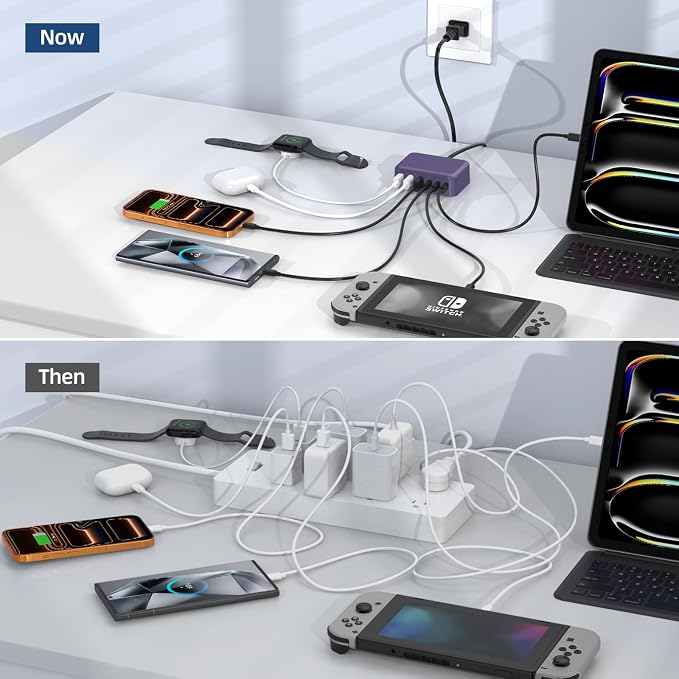 100W 6 in 1 USB Charger, 50% Smaller Charging Station for Multiple Devices | Fast Charging Blocks with Type C Port, USB Charging Hub Organizer Multiport Power Strip for iPhone,Samsung,Ipad,Kindle,Travel