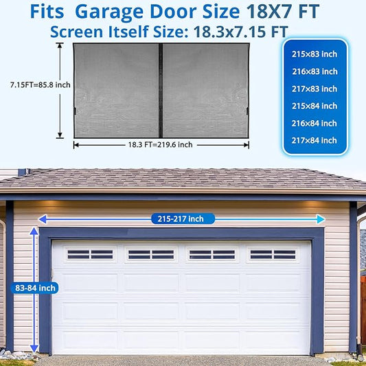 Garage Door Screen For 2 Car 18x7FT, Magnetic Screen Garage with Retractable Fiberglass Mesh and Heavy Duty Weighted Bottom, Easy Assembly & Pass, Hands Free Screen Door w/ 40 Magnets for Garage/Patio