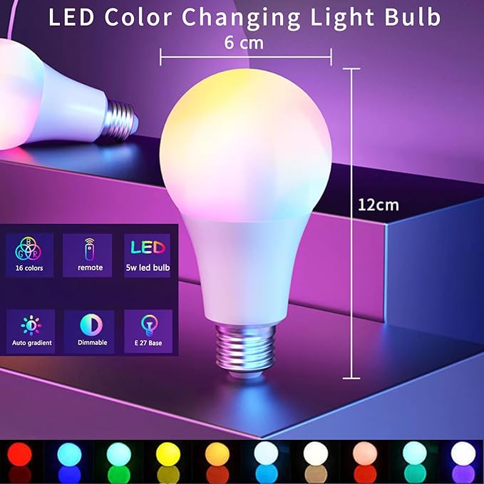 Color Changing Light Bulb with Remote, RGB Light Bulbs 9W A19 6500K White E27/E26, Memory,16 Color Choices Multicolor Dimmable LED Light Bulb 40W Equivalent for Party Bedroom Home - 4 Pack