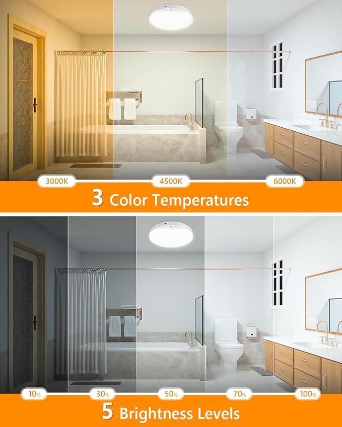 Rechargeable 6W Motion Sensor Ceiling Light Indoor, No Wiring & Magnetic Stick-On, Remote Control for Color & Brightness, Battery Operated Light for Shower, Closet, Bathroom, Pantry, Hallway, 1-Pack