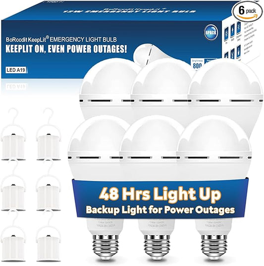 BoRccdit KeepLit 6 Pack Emergency Rechargeable Light Bulbs, 48H Long Lasting & 3 Brightness Battery Light Bulb,12W 5000K Battery Backup Emergency Lights for Home Power Failure,Hurricane Supplies