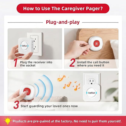 CallToU Wireless Caregiver Pager Call Button for Elderly at Home Nurse Alert System 500+ Feet for Seniors/Elderly/Patient/Disabled 1 Plugin Receiver 2 Waterproof SOS Buttons