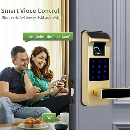 Harfo Smart Door Lock, Heavy Duty 5 in 1 Keyless Entry Door Lock, Full App Control Digital Keypad Lock, Reversible Handle with Fingerprints and Passcodes for Family/Office/Apartment (Gold)