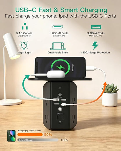 Mifaso Outlet Extender with Shelf and Night Light, 1800J Surge Protector | 5 Wide Outlet Splitter & 4 USB Ports Wall Charger, Multi Plug Wall Outlet, Plug Adapter for Home, Dorm, RV, Office, Black