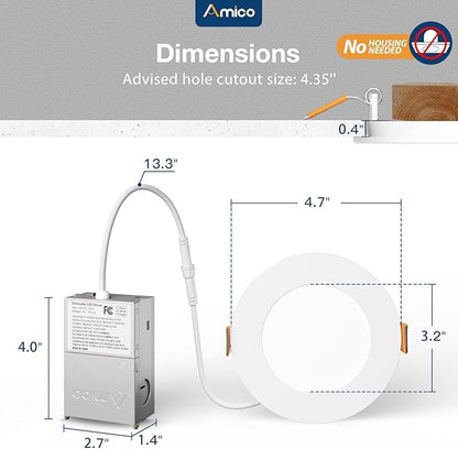 Amico 36 Pack 4 Inch 5CCT Ultra-Thin LED Recessed Light with Junction Box, 2700K/3000K/3500K/4000K/5000K Selectable, 10W Eqv 60W, Dimmable Can-Killer Downlight, 700LM High Brightness Downlight-ETL&FCC