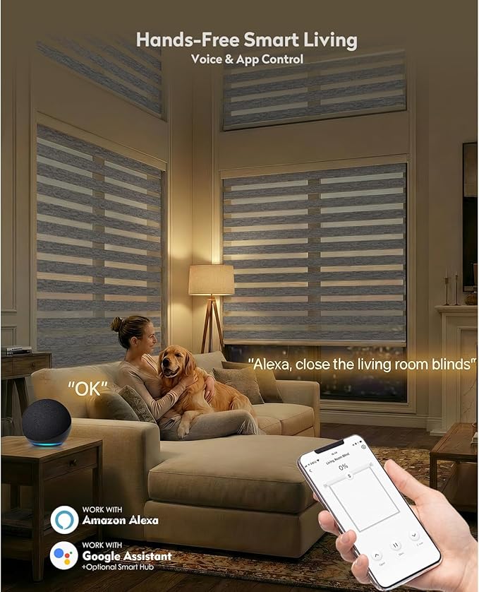 ACMEART Motorized Zebra Blinds,Smart APP & Remote Control 100% Blackout Shades,Compatible with Alexa,Custom Size Electric Window Blinds for Bedroom/Home/Office (Linen Weave Grey)