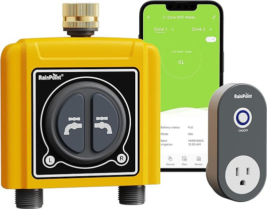 RAINPOINT WiFi Water Timer with Brass Inlet, 2 Outlets Sprinkler Timer,Automatic Irrigation System Controller, APP & Voice Control, Irrigation by Weather/Quantity/Soil Moisture