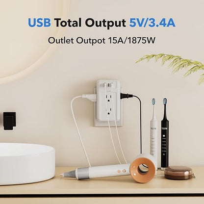 BN-LINK Multi Plug Outlet, 6 Wall Outlet Extender with 3 USB Charging Ports (1 USB C) Total 3.4A, 3-Sided Outlets Splitter Multiple Outlet Wall Plug for Home Office Dorm Room