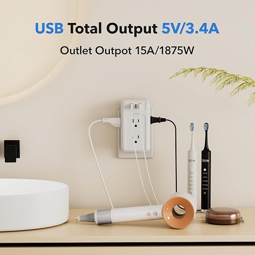 BN-LINK Multi Plug Outlet 2 Pack, 6 Wall Outlet Extender with 3 USB Charging Ports (1 USB C) Total 3.4A, 3-Sided Outlets Splitter Multiple Outlet Wall Plug for Home Office Dorm Room