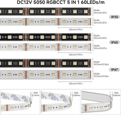 BTF-LIGHTING RGBCCT LED Strip UL Listed 16.4ft 60LED/m 300LED DC12V IP30 | White LED Tape 12mm wide 5 Colors in 1 RGB+Dimmable Tunable Color Temperature 2700K-6500K for Decor(No Adapter or Controller)