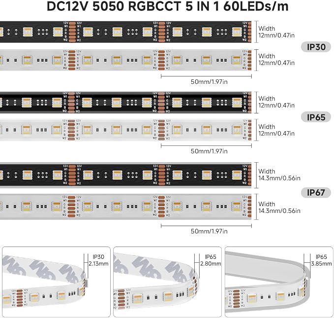 BTF-LIGHTING RGBCCT LED Strip UL Listed 16.4ft 60LED/m 300LED DC12V IP65 | Black LED Tape 12mm wide 5 Colors in 1 RGB+Dimmable Tunable Color Temperature 2700K-6500K for Decor(No Adapter or Controller)