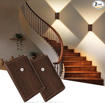 Motion Sensor Wireless Wall Sconce 2Pcs - Rechargeable Magnetic No-Drill, 3 Color Temp Dimmable Wireless Wall Light with Remote&Timer, Step Lights Indoor for Stair Bedroom Closet Hallway, Wood