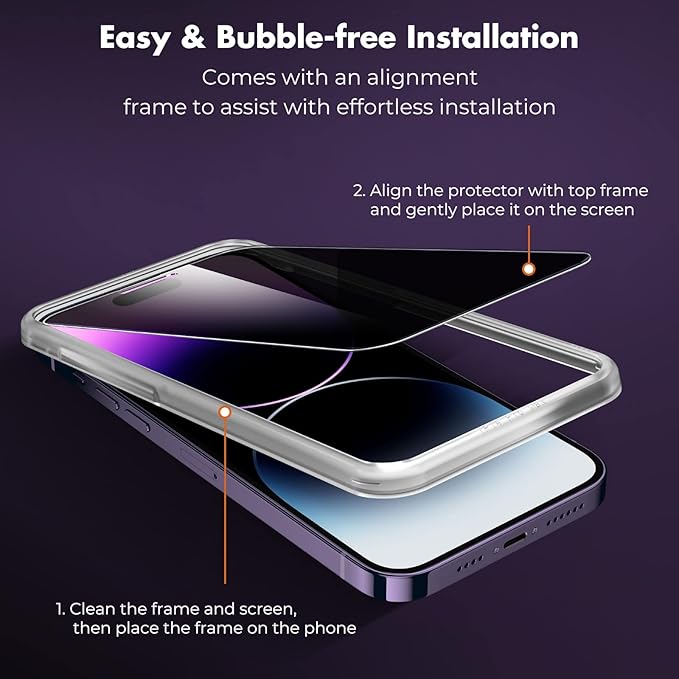 UNBREAKcable Privacy Screen Protector for iPhone 14 Pro Max, Shatterproof Tempered Glass [True 28°Anti Spy] [9H Hardness] [Easy Installation Frame] Black Protector for iPhone 14 Pro Max 6.7" -2 Pack