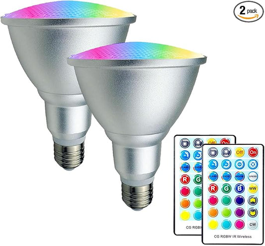2 Pack,PAR30 RGBWCT LED Bulbs,RGB+Warm+Cool White(2700K-6500K)+Timing, LED Flood Light,Indoor/Outdoor,IR Remote Control, Waterproof Lawn Lamp for Home Courtyard Christmas Party Decoration