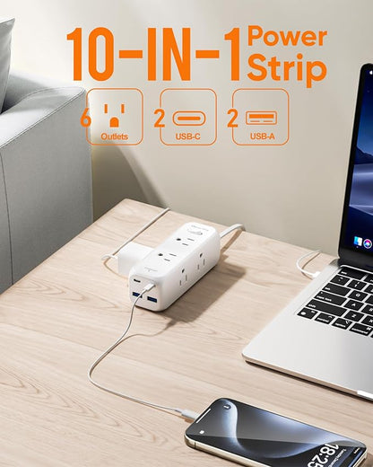 Olcorife Flat Plug Power Strip with 6 AC Outlets 4 USB Ports, 2000 Joules Surge Protector, 3FT Flat Extension Cord, Home Office Travel Dorm Room Essentials