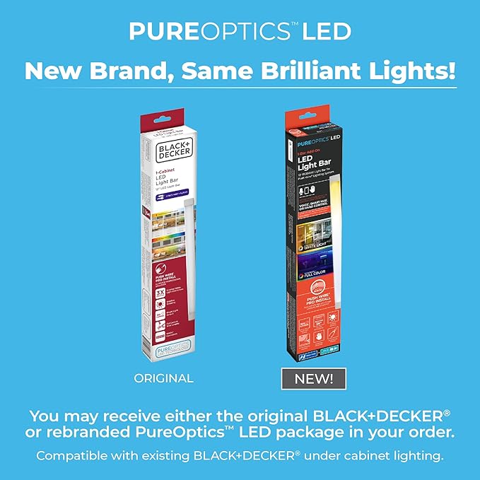 PureOptics LED Professional Push Wire Under Cabinet Light Bar, Add-on, Plug-in or Hardwire Compatible, Adjustable White and RGB LED, for Kitchen, Pantry, Cabinets, (1) 12" Bar