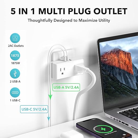 BN-LINK Multi Plug Outlet, Outlet Extender with 2 USB-A 1 USB-C 2 AC Oulets, 3 Prong Outlet Splitter for Dorm, School, Office, Home, Cruises Essentials for Ship and Travel, ETL Listed
