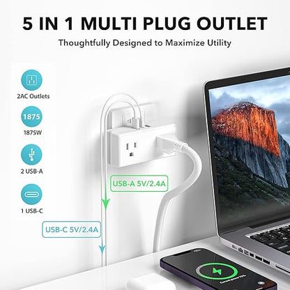 BN-LINK Multi Plug Outlet, Outlet Extender with 2 USB-A 1 USB-C 2 AC Oulets, 3 Prong Outlet Splitter for Dorm, School, Office, Home, Cruises Essentials for Ship and Travel, ETL Listed