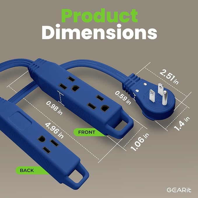GEARit 15 ft 360° Rotating Flat Plug Extension Cord, 3 Outlet Low Profile Power Cord, 16 AWG 13A 3 Prong Grounded Indoor Cord, ETL Listed, Space-Saving for Furniture, Navy
