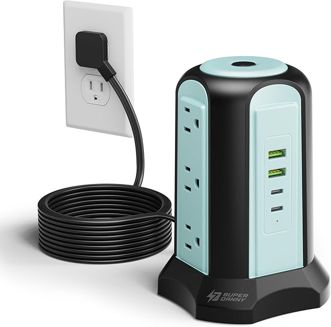 Power Strip Tower Surge Protector, SUPERDANNY Desktop Charging Station, 10 Ft Extension Cord, 9 Outlets, 4 USB Ports, 1080 Joules, 3-Prong, Grounded, Multiple Protections for Home, Office, Blue