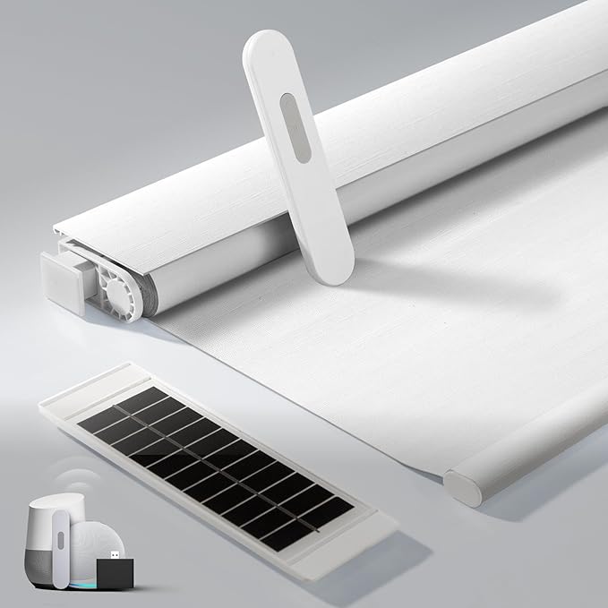 No Drill Motorized Blinds with Remote, Blackout Automatic Blinds with Solar Panel, Cordless Smart Electric Roller Shades for Windows, White, 20½ x 72