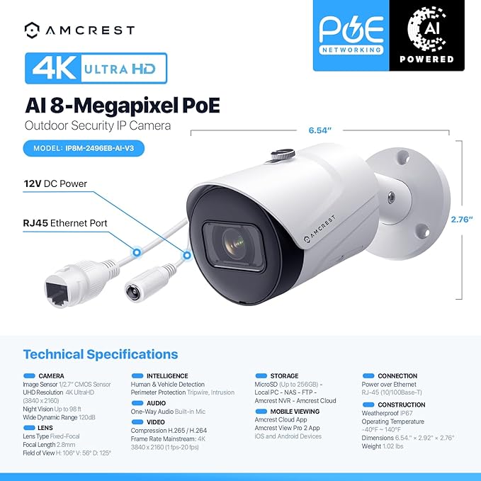 Amcrest 4K (8MP) IP POE Camera, UltraHD Outdoor Bullet, 3840x2160, 98ft NightVision, 125° FOV, MicroSD (256GB), Human & Vehicle Detection, Tripwire & Intrusion, (REP-IP8M-2496EW-AI-V3) (Renewed)