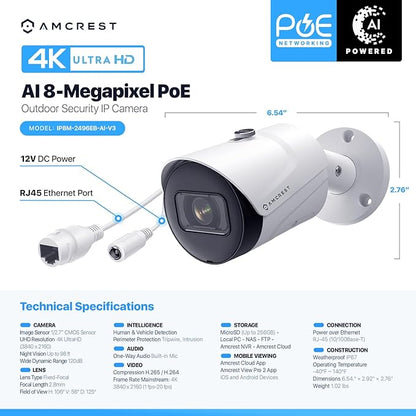 Amcrest 4K (8MP) IP POE Camera, UltraHD Outdoor Bullet, 3840x2160, 98ft NightVision, 125° FOV, MicroSD (256GB), Human & Vehicle Detection, Tripwire & Intrusion, (REP-IP8M-2496EW-AI-V3) (Renewed)
