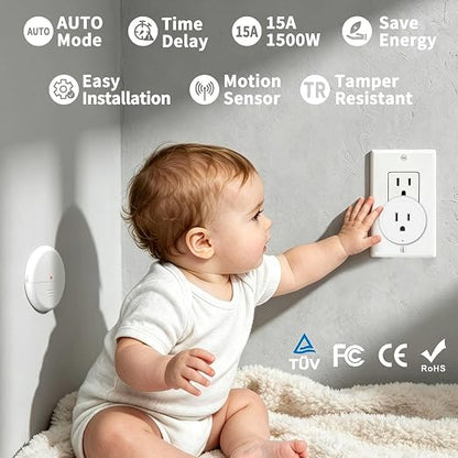NineLeaf Wireless Motion Sensor WiFi Slim Outlet 260FT Remote Smart Switch | Adjustable Sensing Mode, App Control, WIFI Auto Control Lights Fan Appliances, No Wiring,Garage,1Sensor 3Plugs