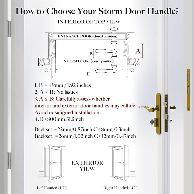 House Guard Storm Door Handle Replacement with Lock, Fits Storm & Screen Doors, Compatible with 1.1-1.97 Inch Thick Doors, 0.87 Inch & 1.02 Inch Backset Options (Brass)